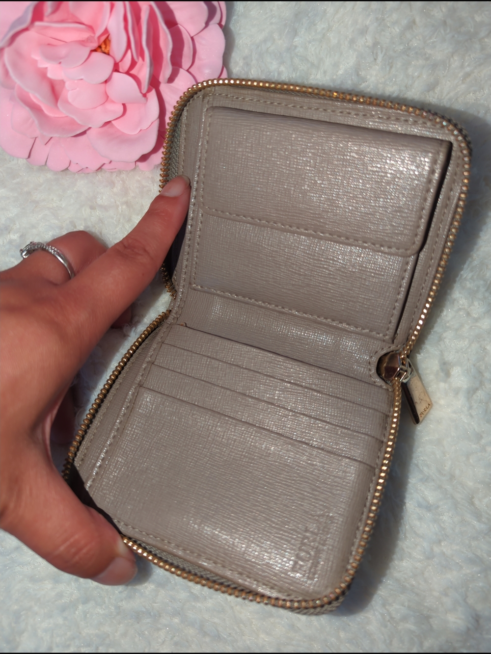 Furla Grey Taupe Saffiano Leather Zip-Around Compact Wallet - Picture 6 of 6